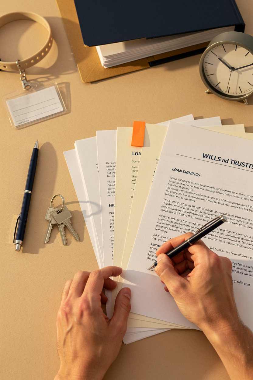 Capitol Mobile Notary documents and signing pen on a desk, representing loan signings, real estate documents, powers of attorney, wills and trusts, and affidavits in Sacramento