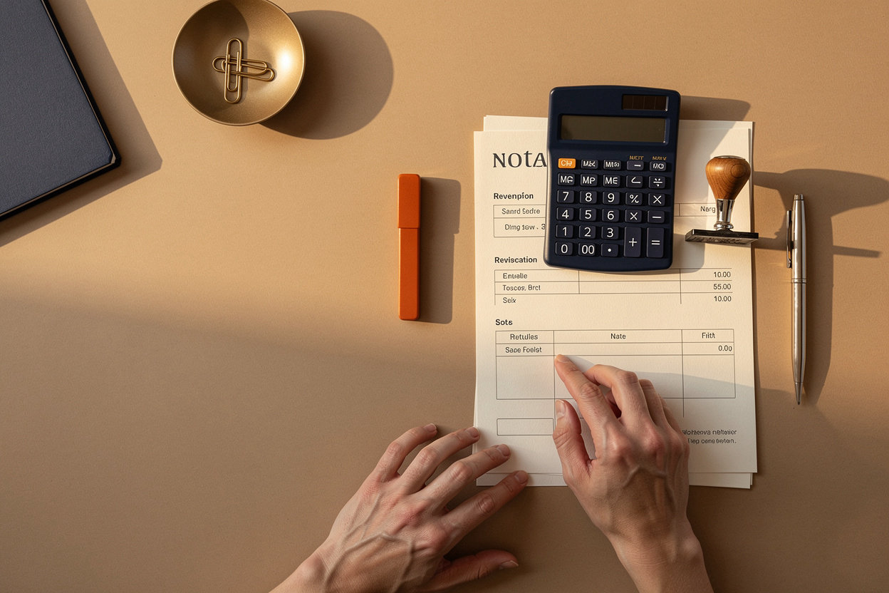 Capitol Mobile Notary clear pricing for mobile notary services in Sacramento, Elk Grove, Roseville, Folsom and Davis, featuring a desk with documents and calculator
